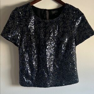 Topshop Navy Floral Sequin Short Sleeve Top